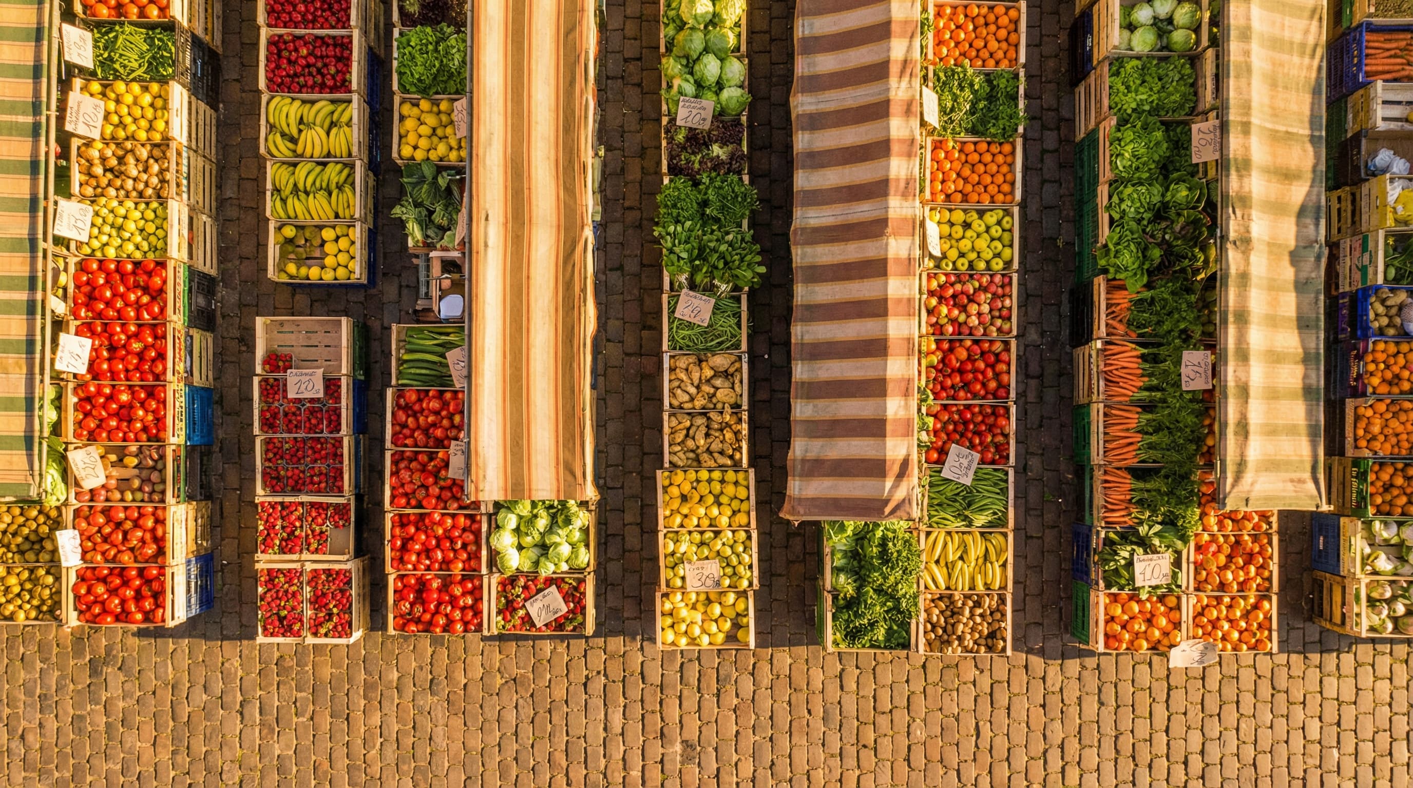 Aerial view of vibrant outdoor market rows with colourful produce crates
